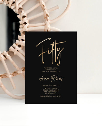 Editable Fifty 50th Birthday invitation template, Printable Black Gold Foil Birthday Invite, 5x7 Digital Card Template, Email Text Message