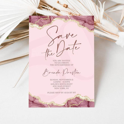 Save the Date Birthday Invitation Template, Editable Burgundy Gold & Pink Luxury Invite, Digital Text-Message Evite, Instant Download