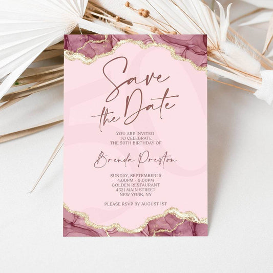 Save the Date Birthday Invitation Template, Editable Burgundy Gold & Pink Luxury Invite, Digital Text-Message Evite, Instant Download