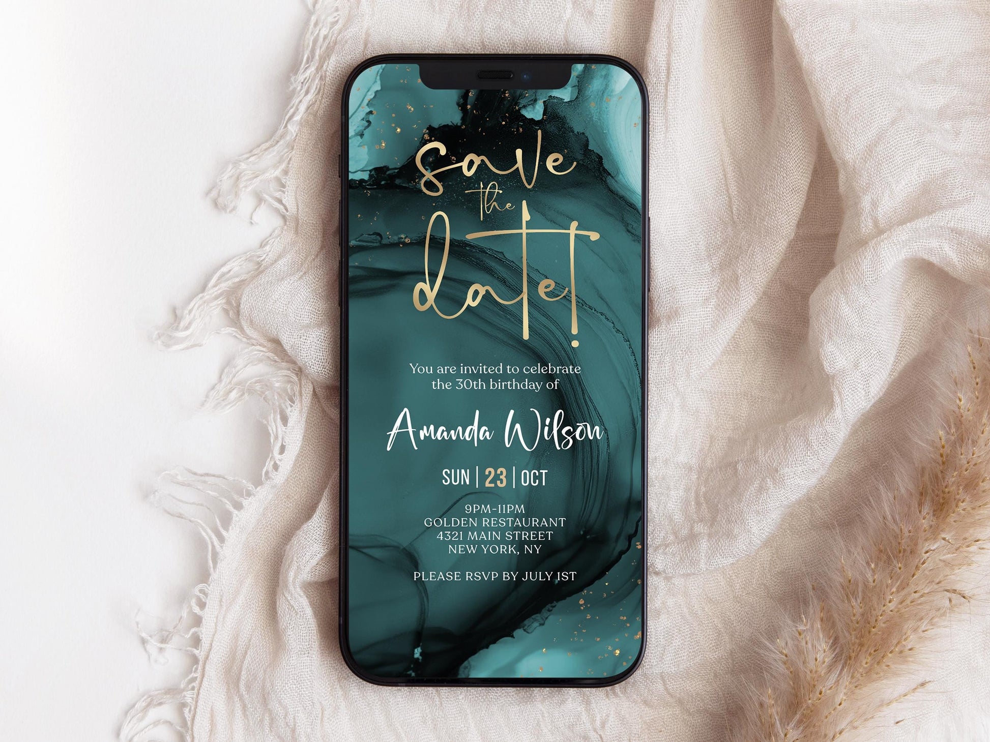 Digital Teal Gold Save the Date Invitation template, Electronic Birthday Invite, Editable Mobile Evite, Any Age Invite, Text Message Evite