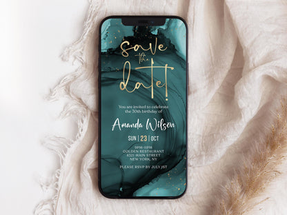 Digital Teal Gold Save the Date Invitation template, Electronic Birthday Invite, Editable Mobile Evite, Any Age Invite, Text Message Evite