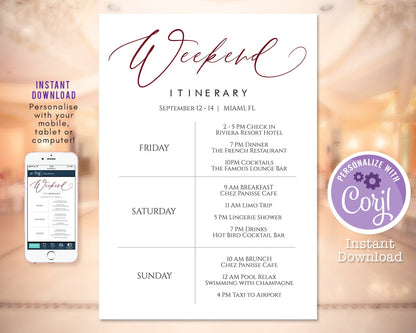 Weekend Itinerary Template, Burgundy Printable Bachelorette Itinerary, Weekend Itinerary, Birthday Weekend, Editable Hens Party DIY Digital