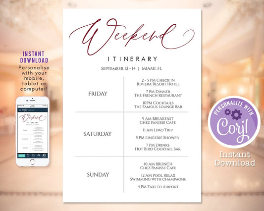 Weekend Itinerary Template, Burgundy Printable Bachelorette Itinerary, Weekend Itinerary, Birthday Weekend, Editable Hens Party DIY Digital