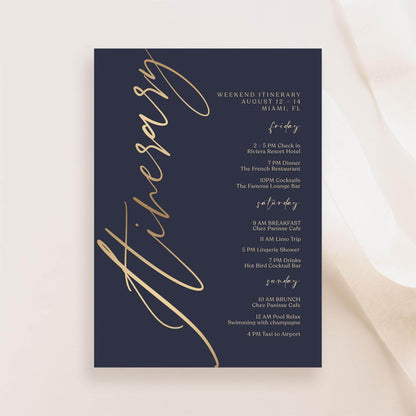 Navy Gold Weekend Itinerary Template, Editable Printable Birthday or Anniversary Weekend Schedule, Digital Events Itinerary, Instant Download, Email Text Message