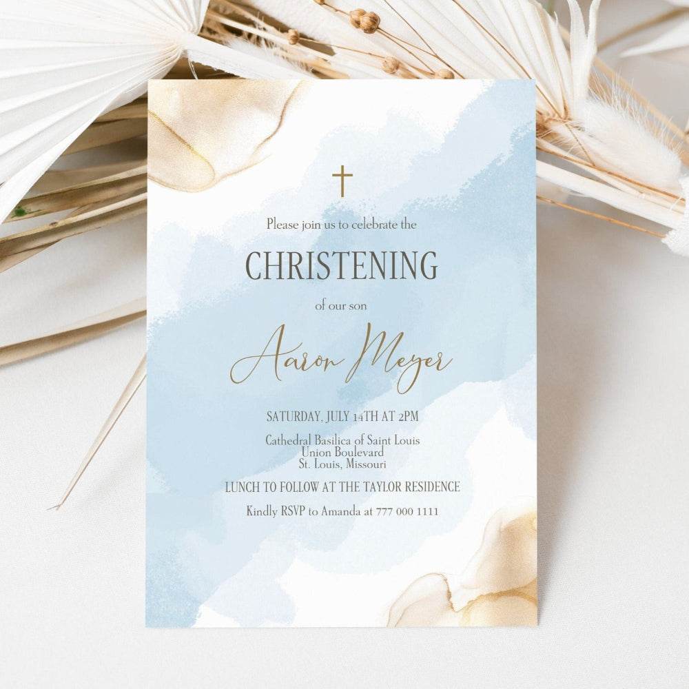 Boy Christening Invitation – Blue Gold Watercolor Printable Template – Editable Baptism Invite – Instant Download