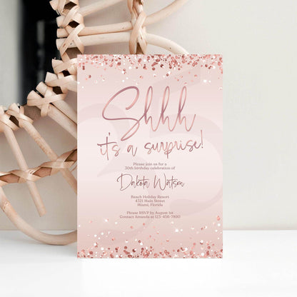 Surprise Party Invitation Template | Pink Rose Gold “Shhh... It’s a Surprise” Editable Birthday Invite | Any Age Digital Evite | Instant Download