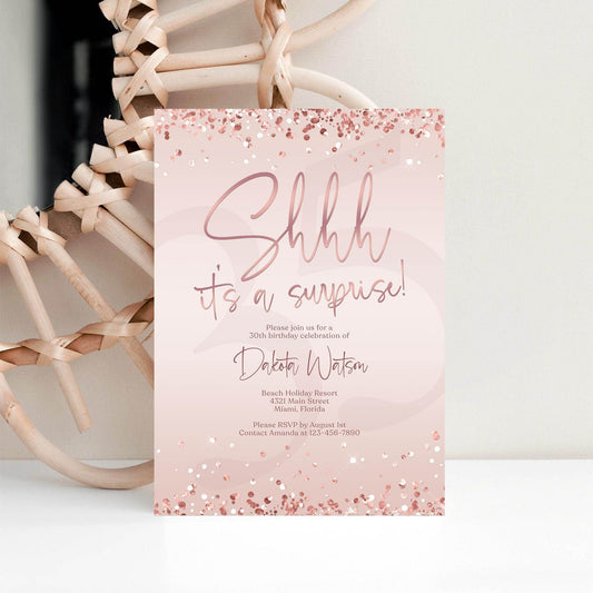 Surprise Party Invitation Template | Pink Rose Gold “Shhh... It’s a Surprise” Editable Birthday Invite | Any Age Digital Evite | Instant Download