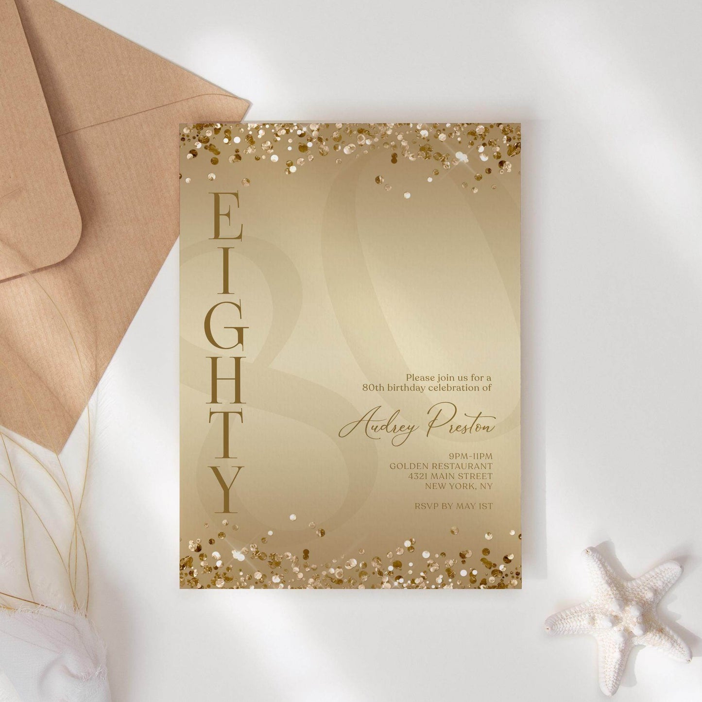 Gold 80th Birthday Invitation Template, Printable Luxury Surprise Party Invite, Gold Foil Confetti Editable Card, Digital Instant Download