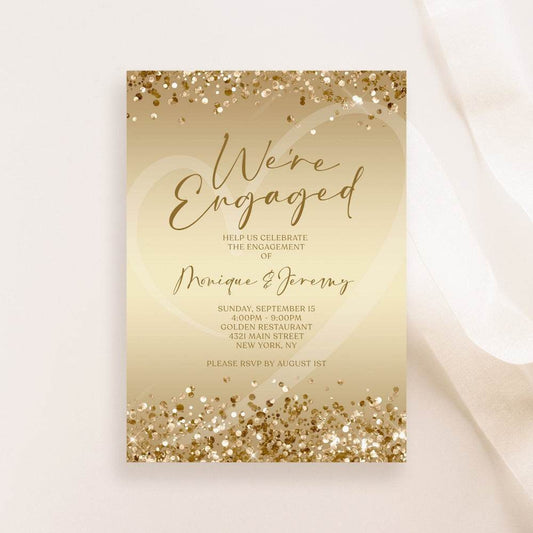 Printable Gold Engagement Party Invitation Template, Editable Engagement Announcement Card, Modern Digital Invite, Email and Text Message Invitation