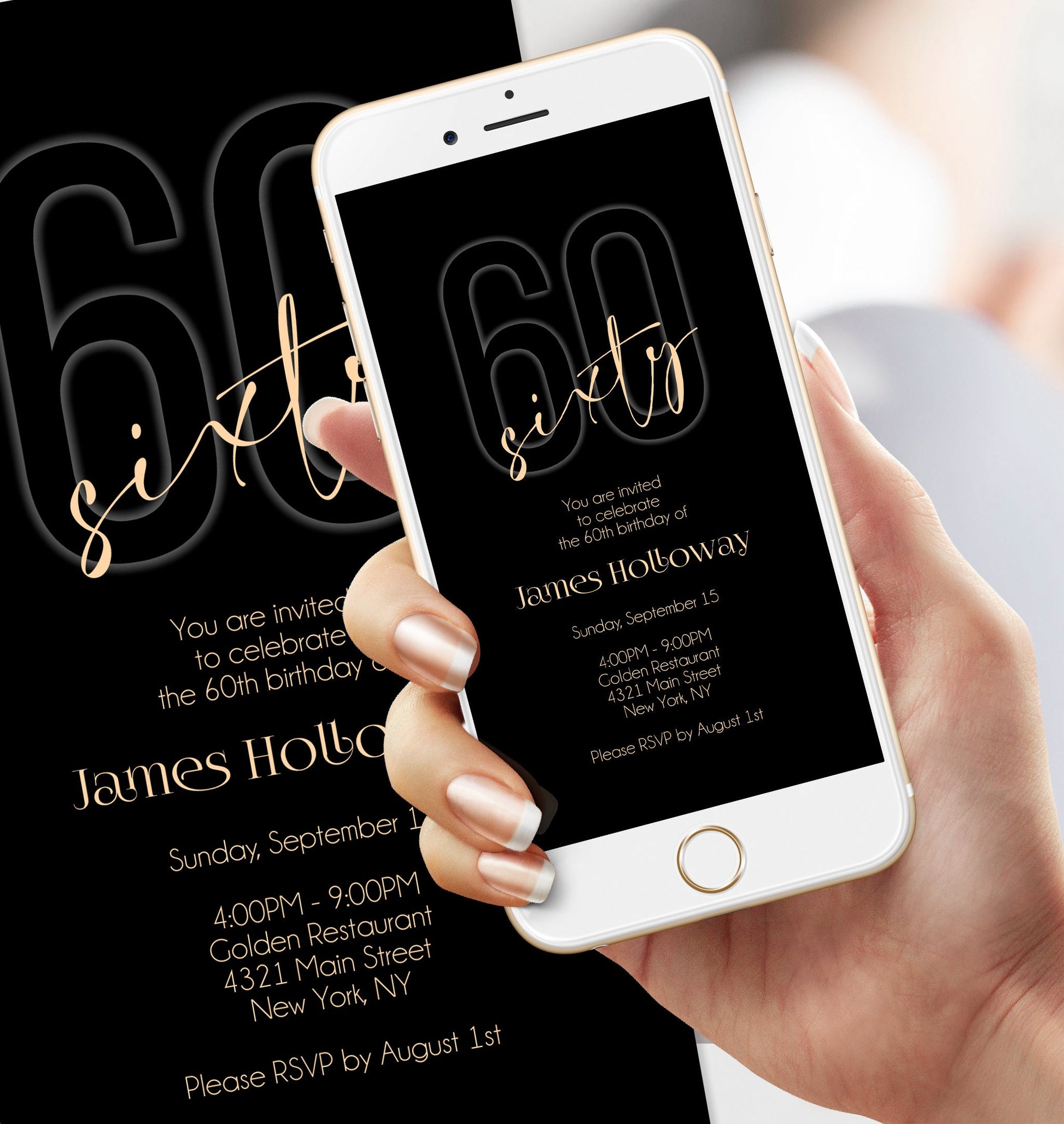 Electronic Black Gold 60th Sixty BIRTHDAY Invitation Evite, Phone Email text message invite, Editable Template, Digital Mens Invitation DIY
