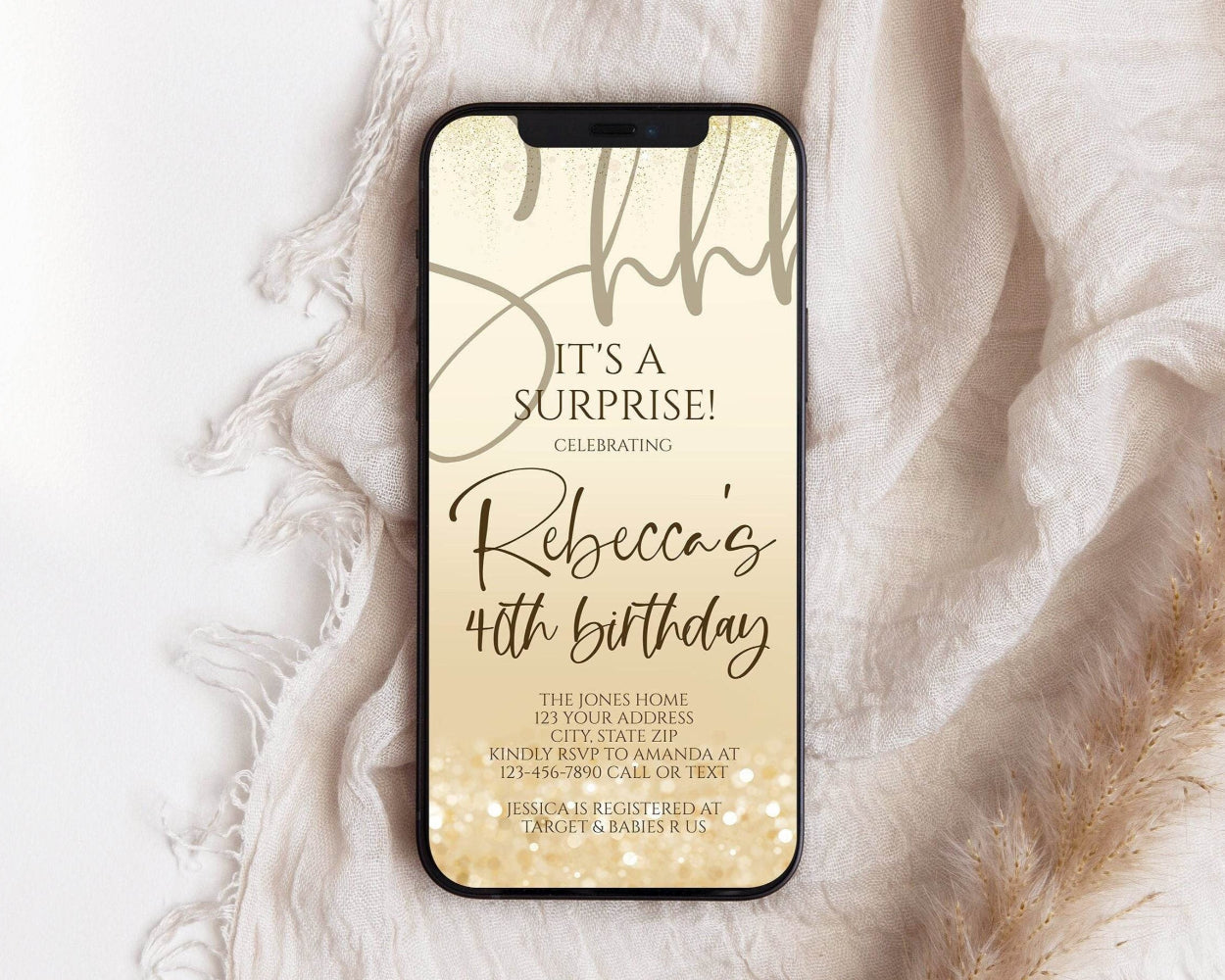 Gold Shhh It's a Surprise 40th Birthday Invitation, Editable Text Message Evite, Any Age Digital Invite Template, Phone Electronic Invite