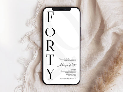 Digital Simple 40th Forty Birthday Invitation Template, Electronic Minimalist Birthday Invite, Modern Any Age Invite, DIY Text Message Evite