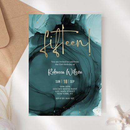 Teal Gold 15th Birthday Invitation Template, Printable Girl or Boy Party Invite, Editable Surprise Birthday Invitation, Digital Download