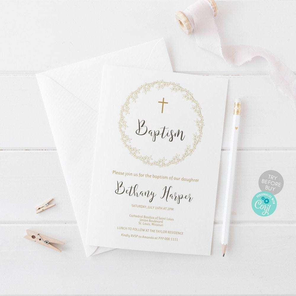 Gold Floral Girl Baptism Invitation Template, Editable Christening Invite, Instant Download, Printable Baptism Card for Baby Girl