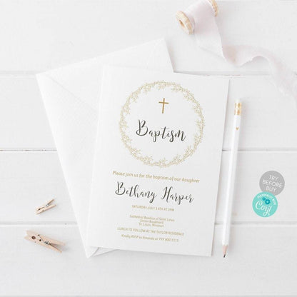 Gold Floral Girl Baptism Invitation Template, Editable Christening Invite, Instant Download, Printable Baptism Card for Baby Girl