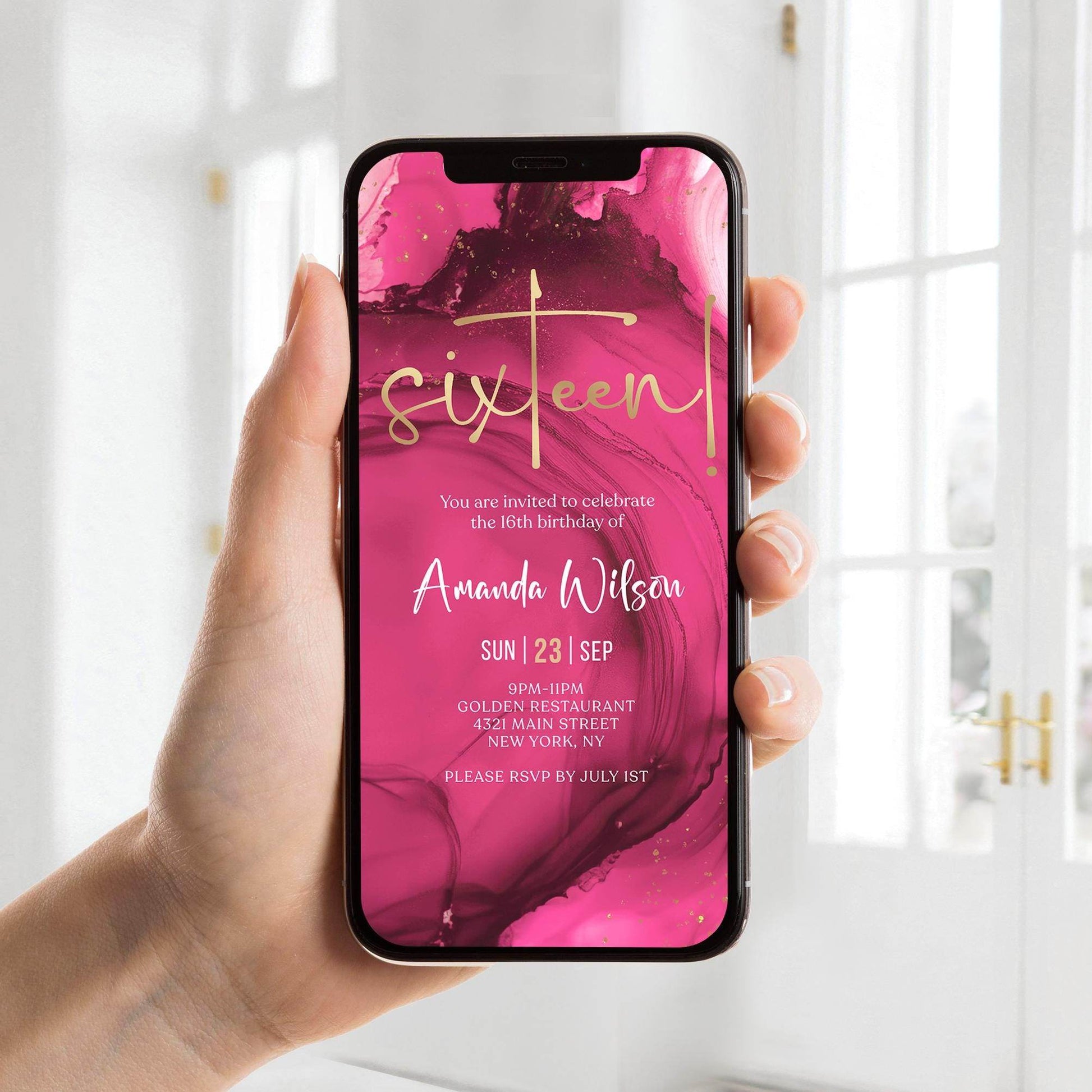 Fuchsia Pink Gold 16th Birthday Invitation Template, Editable Digital Girl Birthday Party Invite, Electronic Text Message Evite, Instant Download