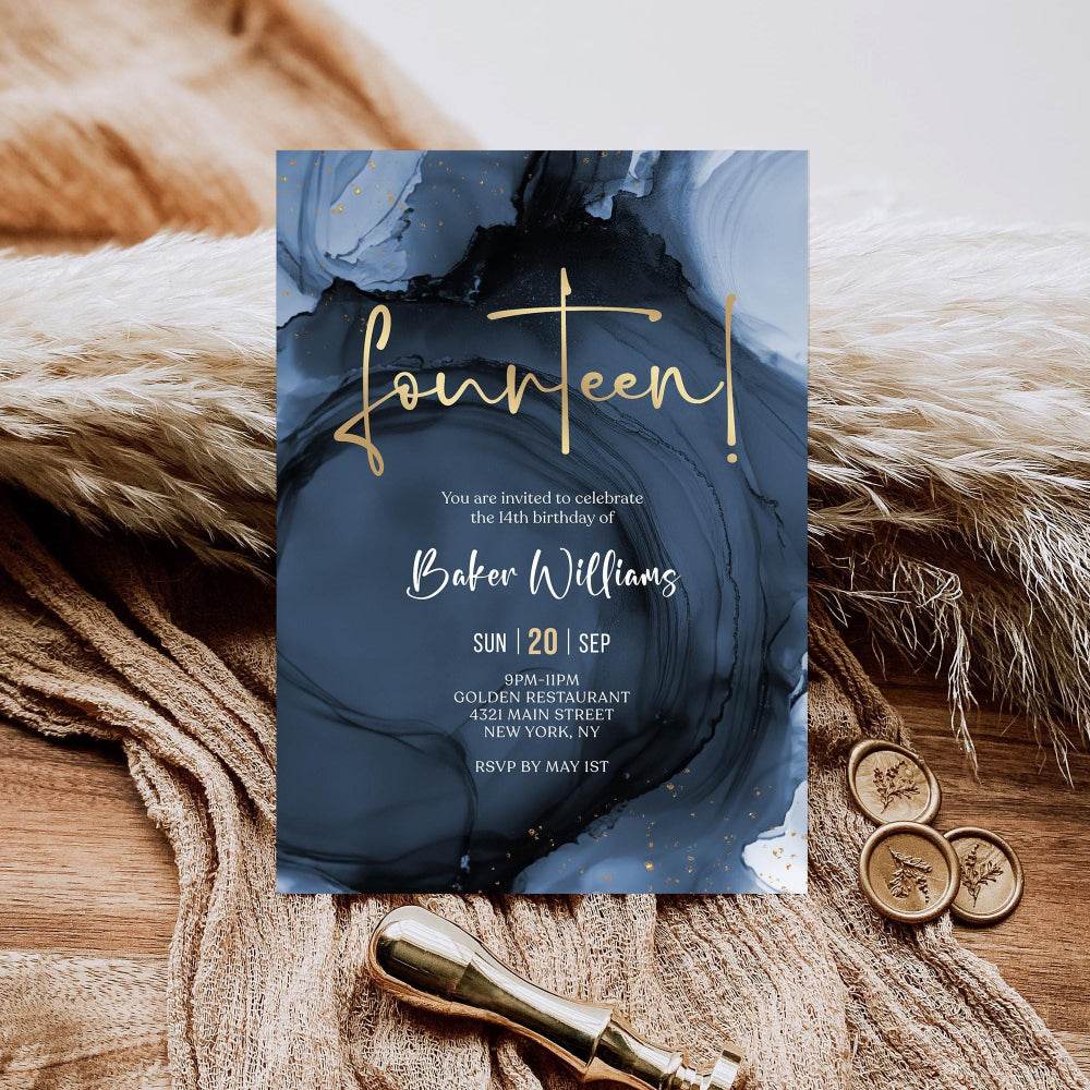 Editable 14th Birthday Invitation Template – Blue Navy & Gold Surprise Invite – Printable Boy Party Evite – Text or Email Digital Download