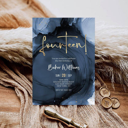 Editable 14th Birthday Invitation Template – Blue Navy & Gold Surprise Invite – Printable Boy Party Evite – Text or Email Digital Download