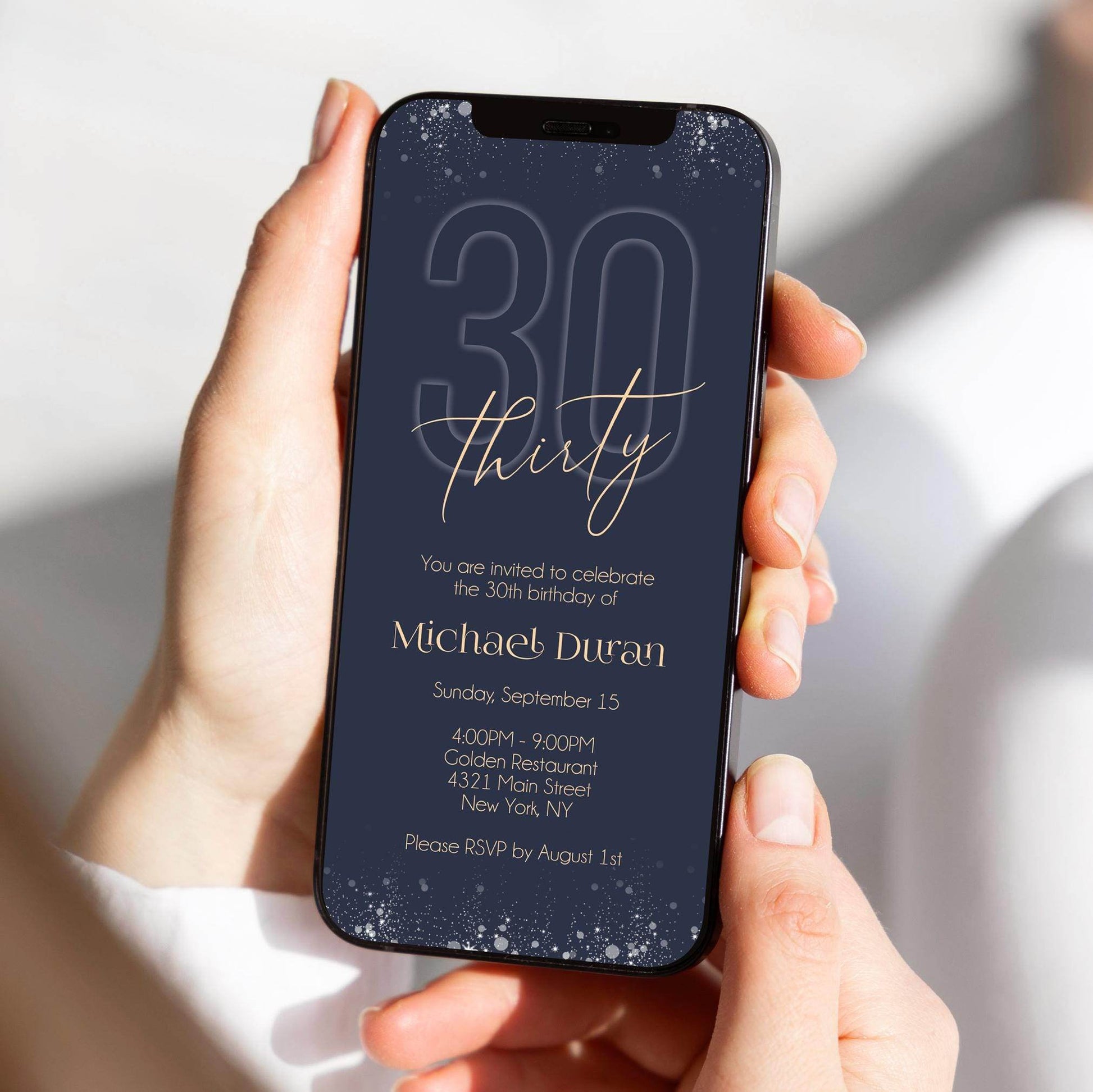 Electronic Navy Gold 30th Birthday Invitation Template – Editable Digital Evite for Men | Phone & Email Text Message Invite | Instant Download