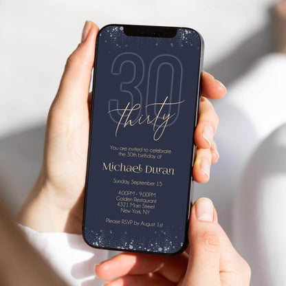 Electronic Navy Gold 30th Birthday Invitation Template – Editable Digital Evite for Men | Phone & Email Text Message Invite | Instant Download