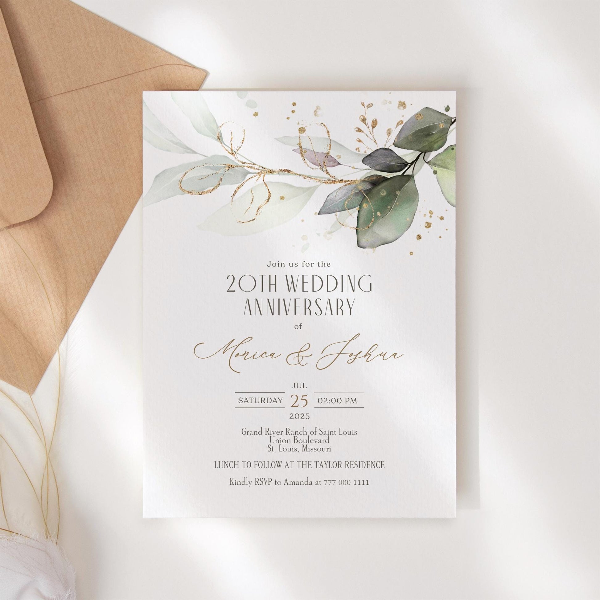 Editable Greenery Anniversary Card Invitation, Eucalyptus Leaves Wedding Anniversary template, Printable Celebration Dinner Digital Invite