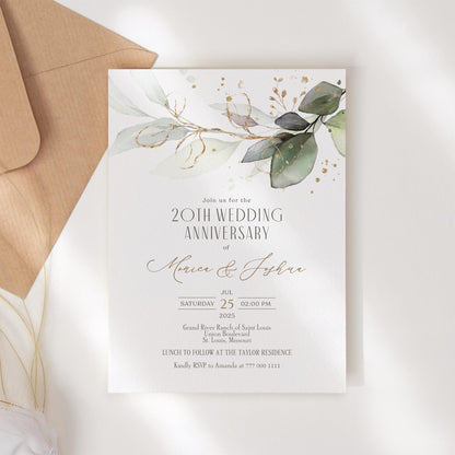 Editable Greenery Anniversary Card Invitation, Eucalyptus Leaves Wedding Anniversary template, Printable Celebration Dinner Digital Invite