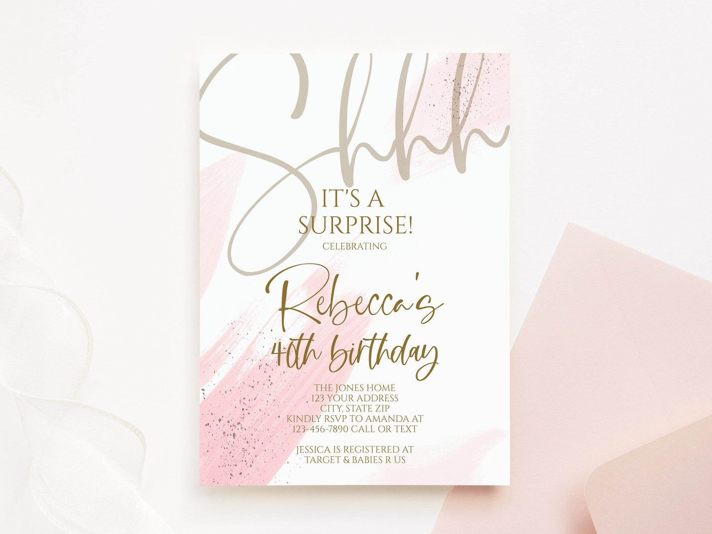 Printable Pink Shhh it's a surprise 40th forty birthday invitation template, Forty Editable invite, Any Age Invitation, Instant Download