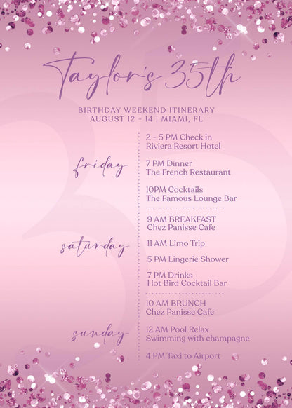 Editable Purple Any Age Woman Birthday Itinerary Template, Printable Lavender Woman Itinerary, Ladies Weekend Itinerary, Email Text Message