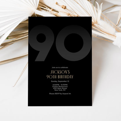 Black 90th Birthday Invitation Template | Editable Modern Men's Party Invite | Elegant Printable Ninety Birthday Card | Instant Download