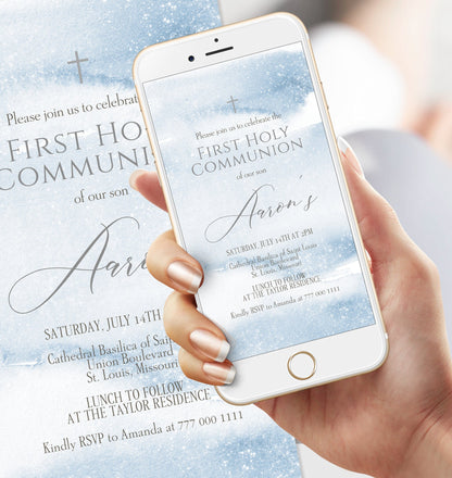 Digital Blue Silver First Communion Invitation, Electronic Boy First Holy Communion Invite, Editable Invitation Template, Text Message Evite