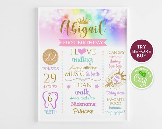 Rainbow First Birthday Poster | Princess Milestone Chalkboard Sign | Girl 1st Birthday Board | Purple Pink Teal Gold Crown Party Decor | Editable DIY Template