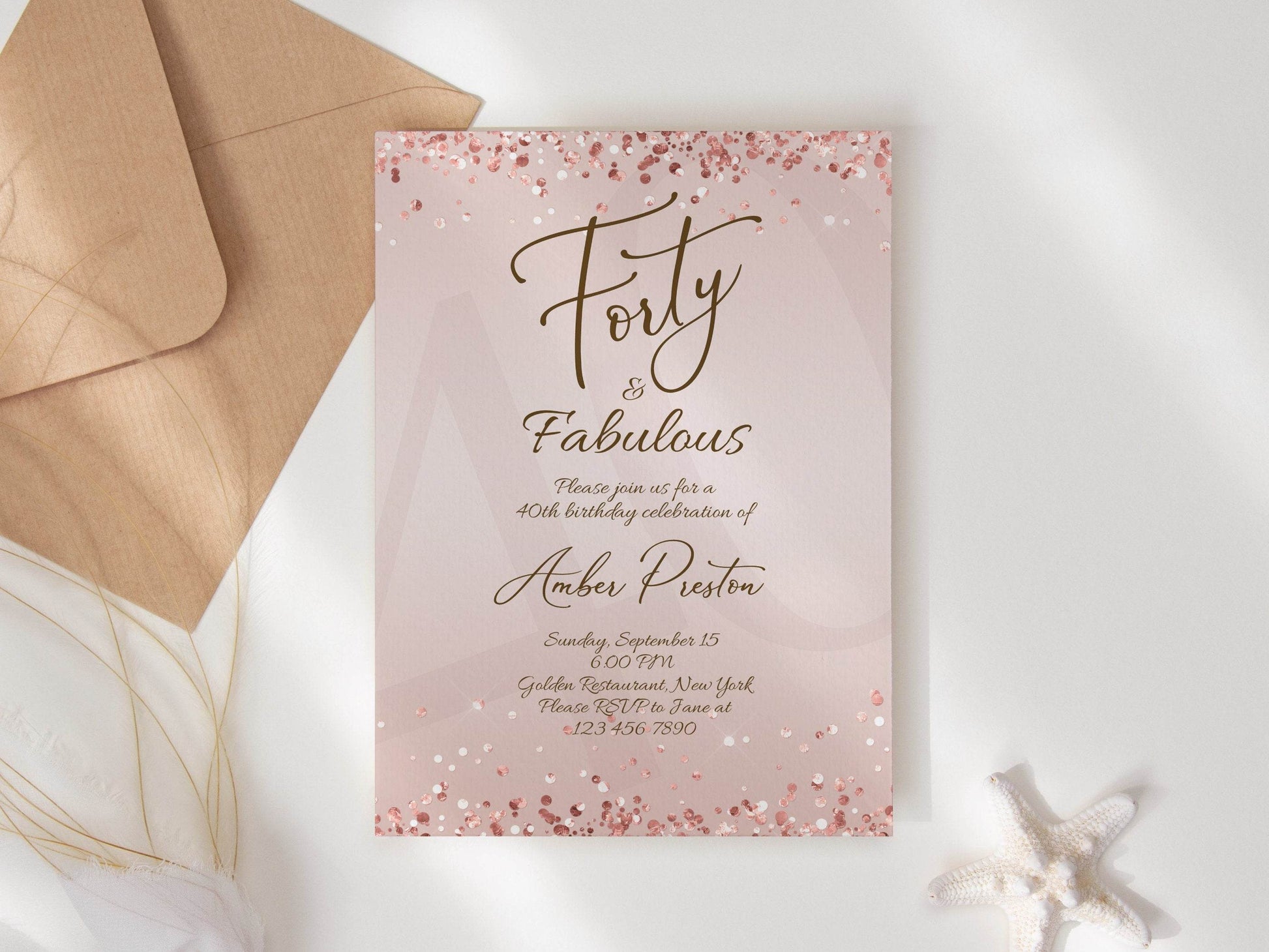 40th Birthday Invitation for Her | Editable Rose Gold Forty & Fabulous Party Invite | Surprise Party Template | Printable Women’s Birthday Card