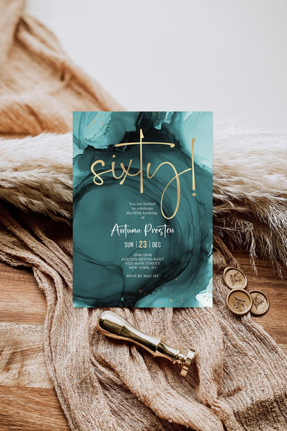 Teal Turquoise & Gold 60th Birthday Invitation Template | Editable Surprise Party Invite | Printable Milestone Evite | Digital Instant Download