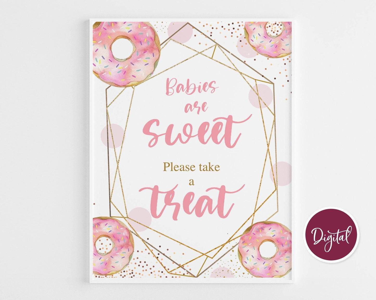 Baby Shower Signs Bundle, Donut Baby Shower Signs, Signage Set Printable Decor, Pink Gold Geometric Baby Shower Kit, Instant Download PDF