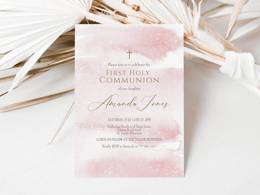 Pink Watercolor First Communion Invitation Template, Printable Girl First Holy Communion Invite, Editable Invitation Template, Text Message