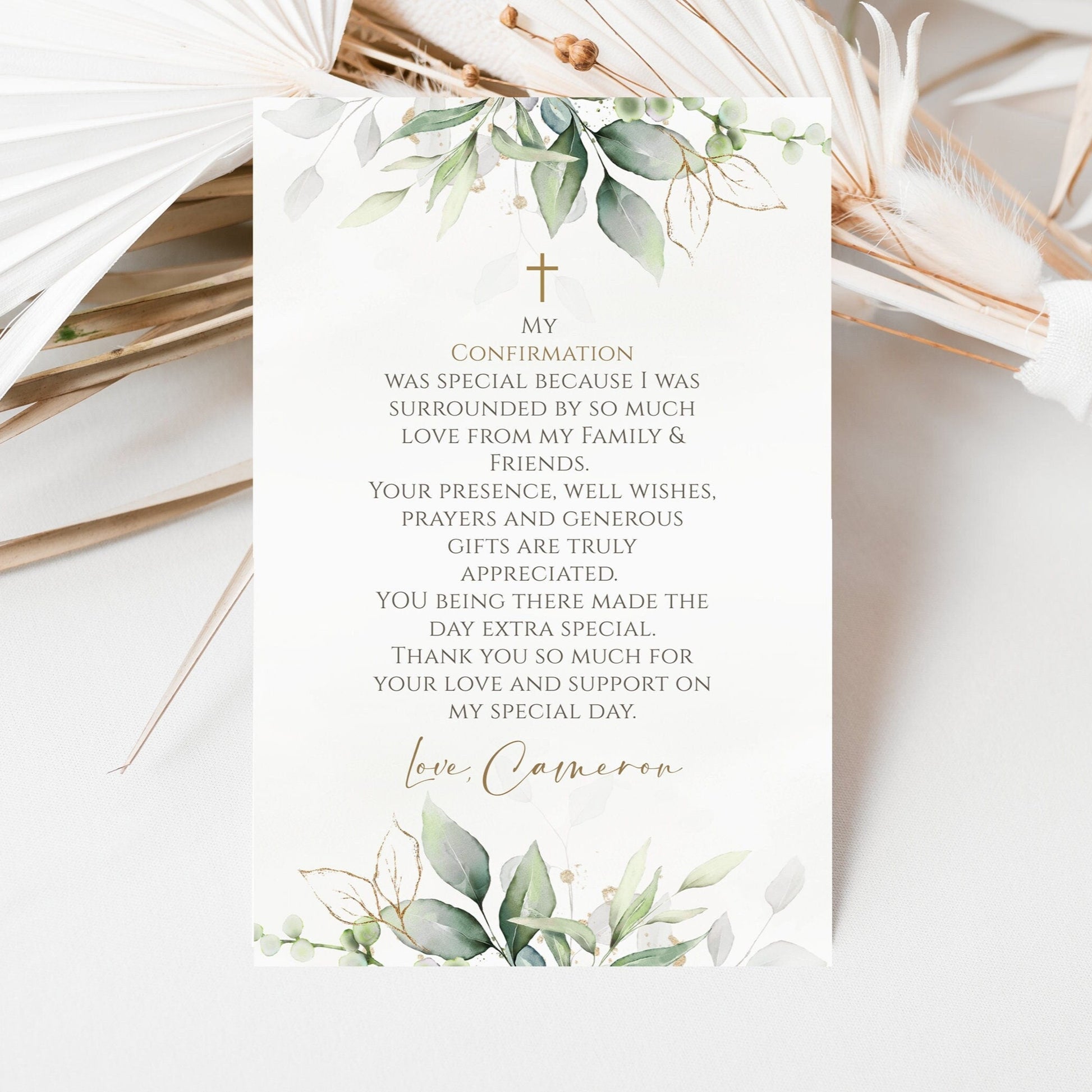 Confirmation Thank You Card Template | Editable 4x6 | Greenery Watercolor Design