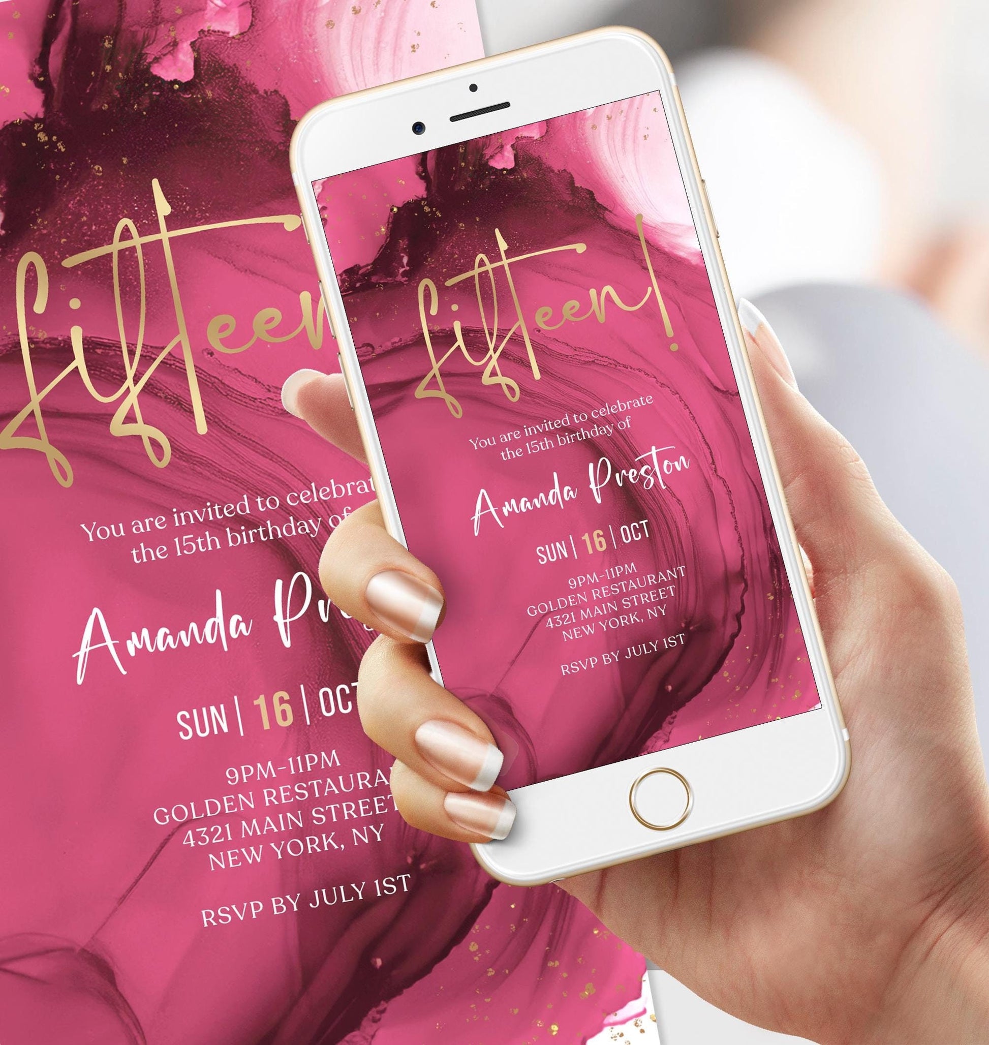 Fuchsia Pink Gold 15th Birthday Invitation Template | Instant Download | DIY Phone Invite