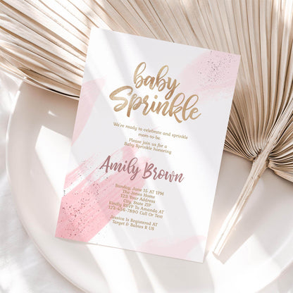 Girl Baby Sprinkle Invitation Template Printable, Gold Pink Baby Sprinkle Invite, Editable Girl Baby Shower Card, Email Text Message