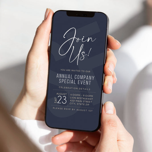 Navy Minimal Business Invite, Custom Digital Mobile Text Message Invitation, Retirement Party, Corporate Event, Launch Party, Digital Evite