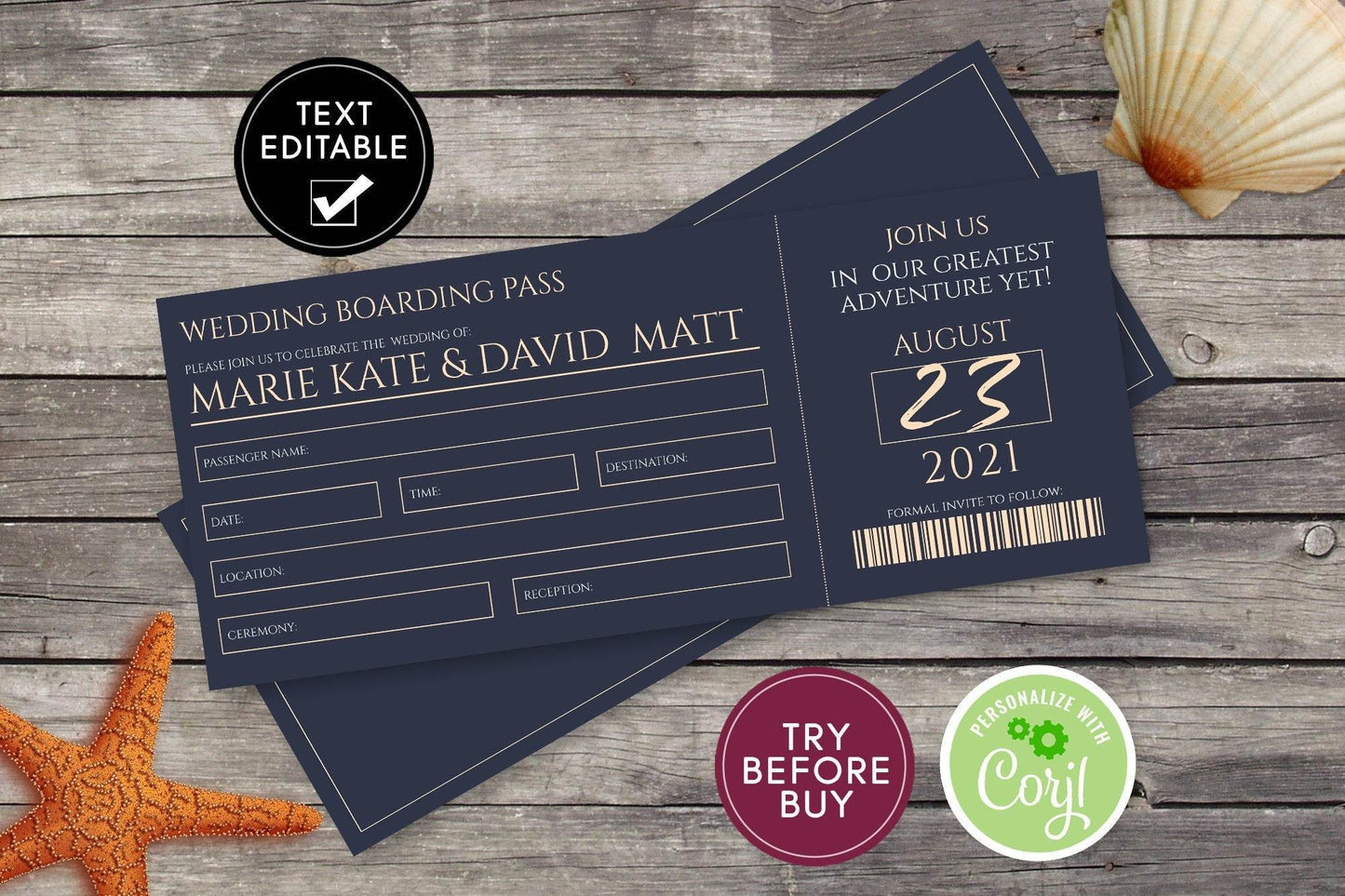 Navy & Gold Wedding Boarding Pass – Save the Date Invitation Template – Editable DIY Canva Invite – Instant Download