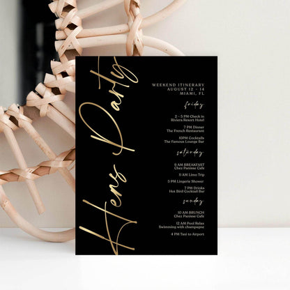 Editable Black Gold Hens Party Weekend Itinerary Template – Printable Bachelorette Weekend Schedule | Digital Event Planner | Instant Download