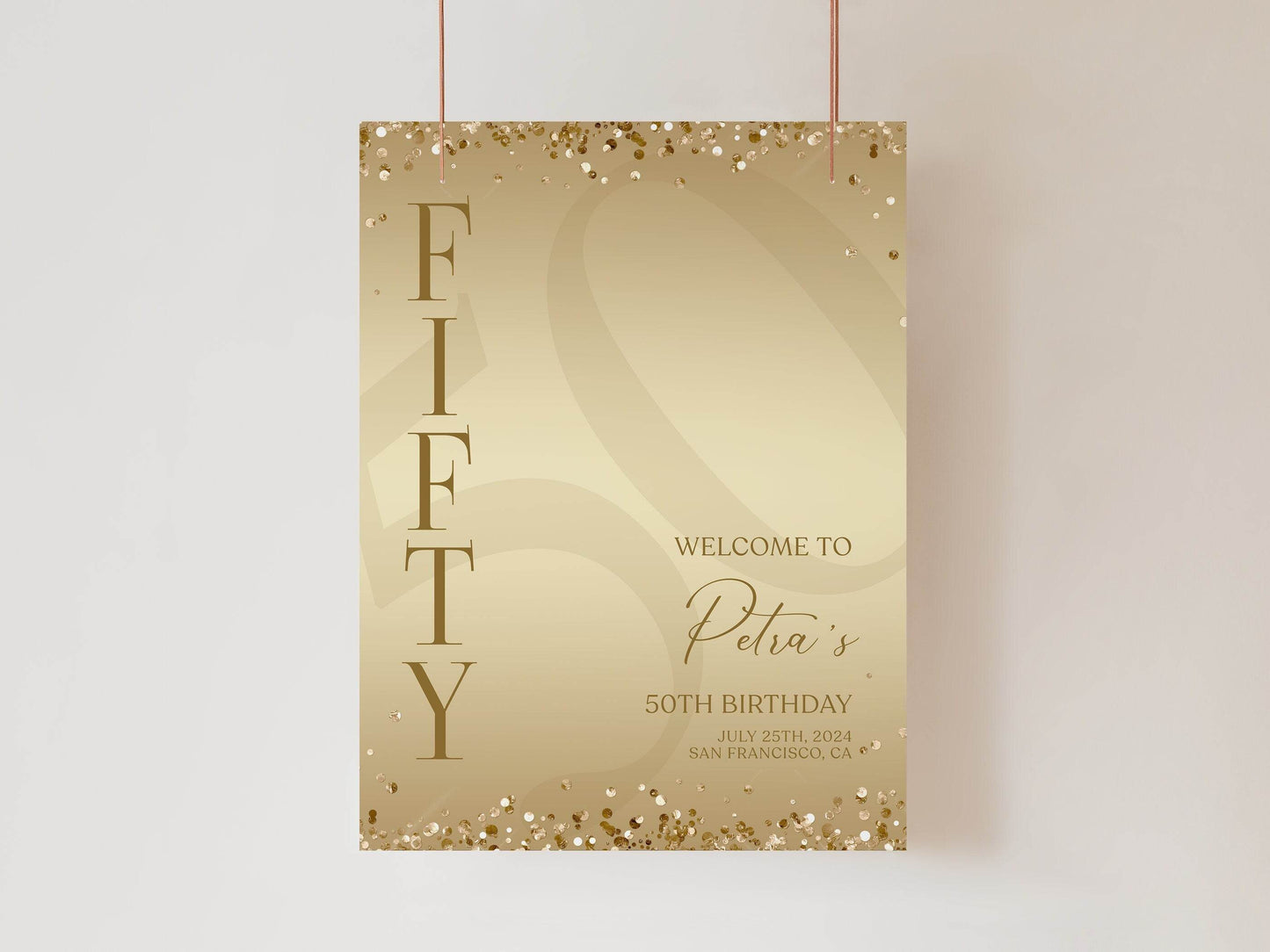50th Birthday Welcome Sign Template | Editable Gold Party Sign | Printable Elegant Fifty Welcome Poster | DIY Luxury Birthday Decoration