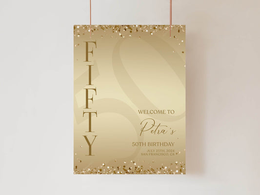 50th Birthday Welcome Sign Template | Editable Gold Party Sign | Printable Elegant Fifty Welcome Poster | DIY Luxury Birthday Decoration