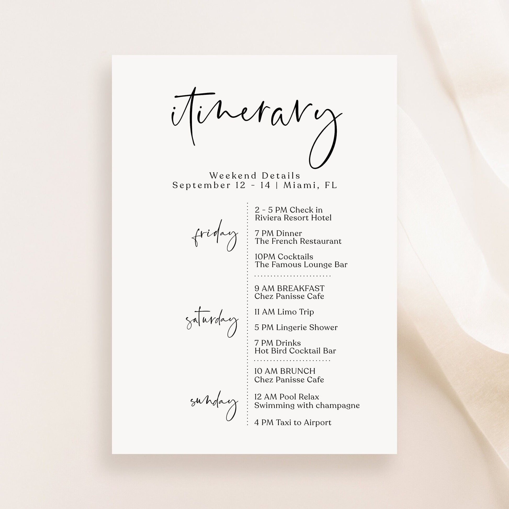 Minimalist Itinerary Template | Printable & Editable Weekend Schedule | Elegant Bachelorette or Birthday Itinerary | Digital Download
