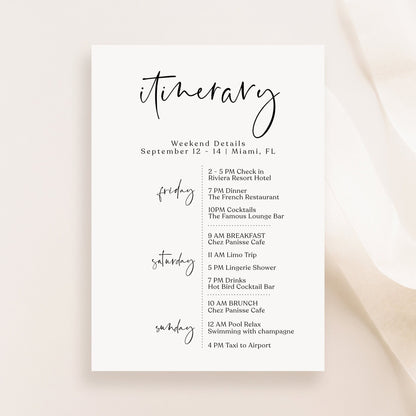 Minimalist Itinerary Template | Printable & Editable Weekend Schedule | Elegant Bachelorette or Birthday Itinerary | Digital Download