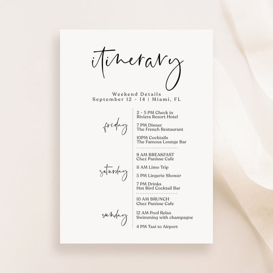 Minimalist Itinerary Template | Printable & Editable Weekend Schedule | Elegant Bachelorette or Birthday Itinerary | Digital Download
