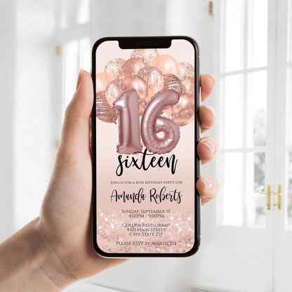 Sweet 16 Digital Birthday Invitation for Girl – Rose Gold Balloons Evite – Editable Pink 16th Birthday Template – Text Message Phone Invite