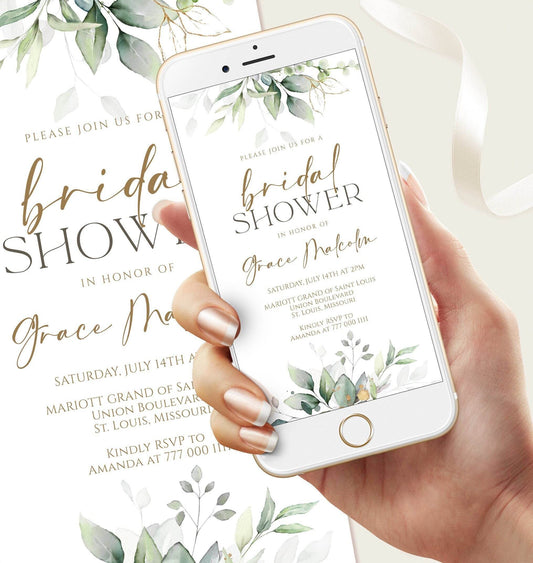 Digital Eucalyptus Bridal Shower Invitation Template – Greenery & Gold Editable Evite | Boho Bridal Shower Invite | Instant Download - MagicalEventCo