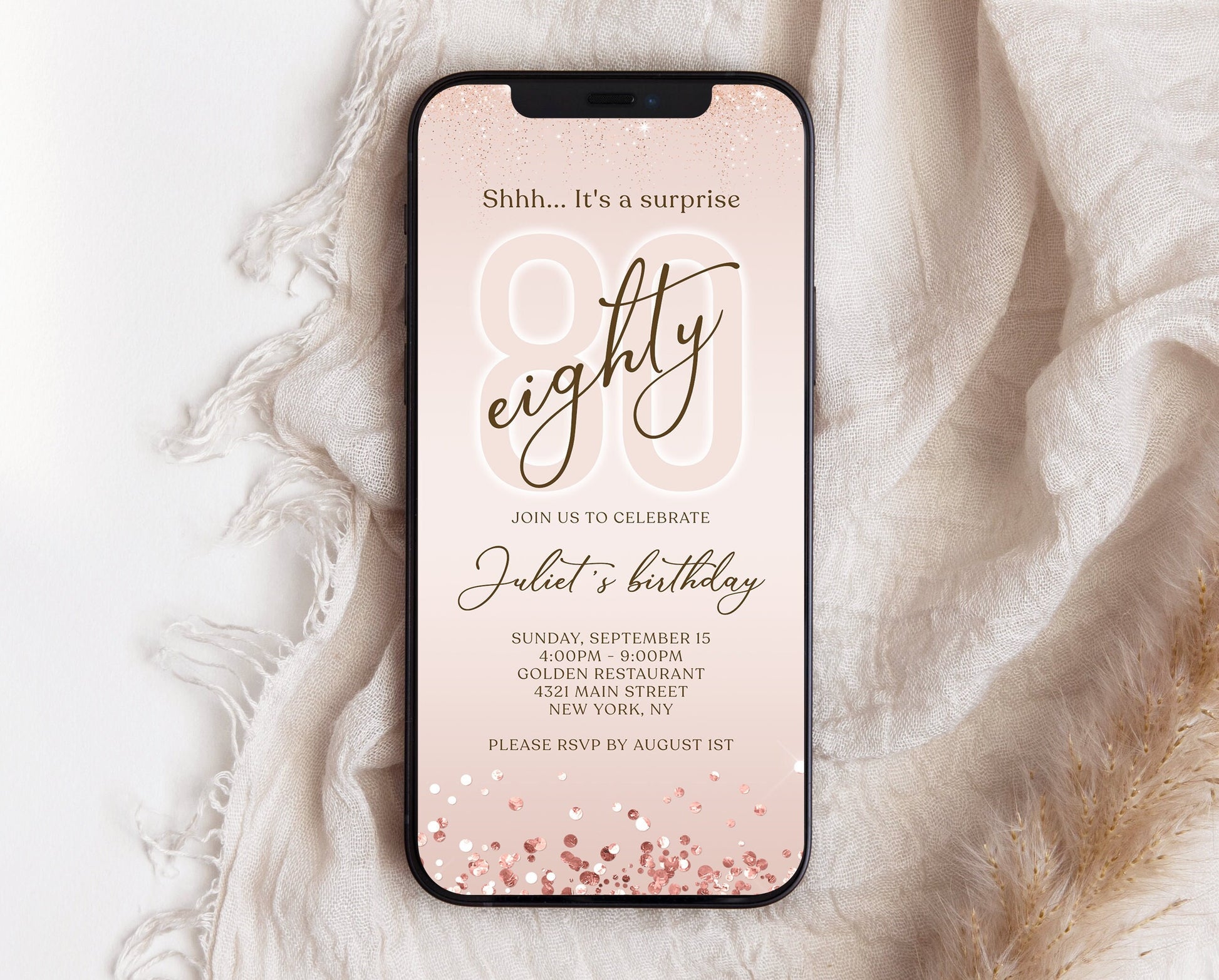 Digital Shhh it's a surprise 80th eighty text invitation template, Rose Gold Electronic Editable invite, Text Message Evite, Women Birthday Invite