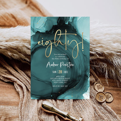 Blue Teal Gold 80th Eighty Birthday Invitation Template, Printable Editable Birthday Surprise Invite, Digital Download